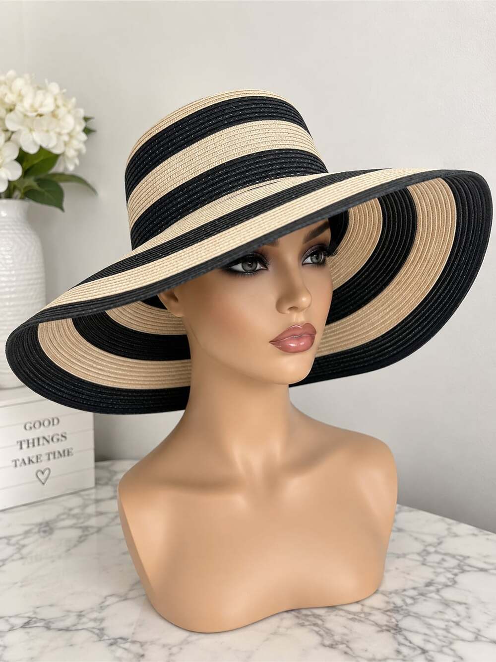 Serra Black and Beige Striped Wide Brim Floppy Straw Sun Hat